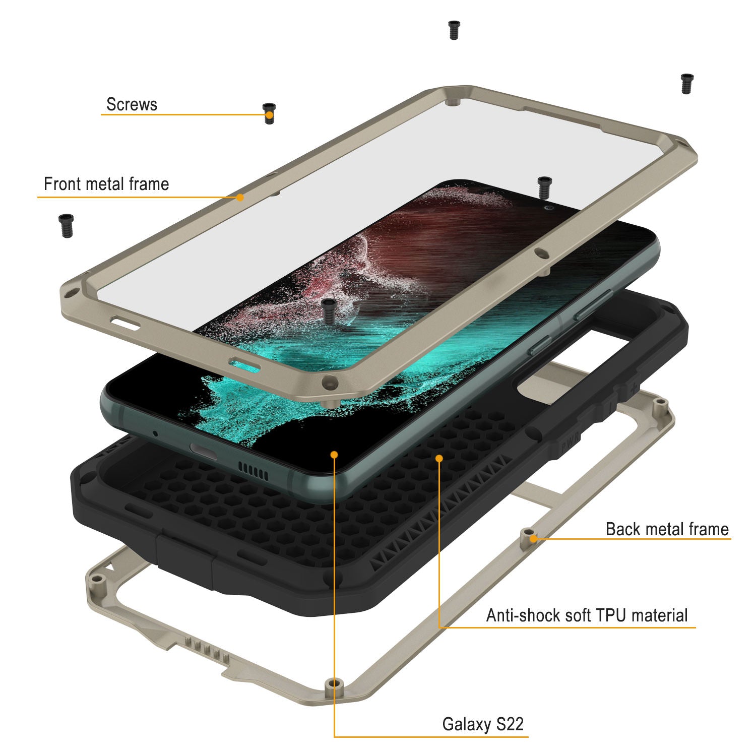 Galaxy S22 Metal Case, Heavy Duty Military Grade Rugged Armor Cover [Gold]