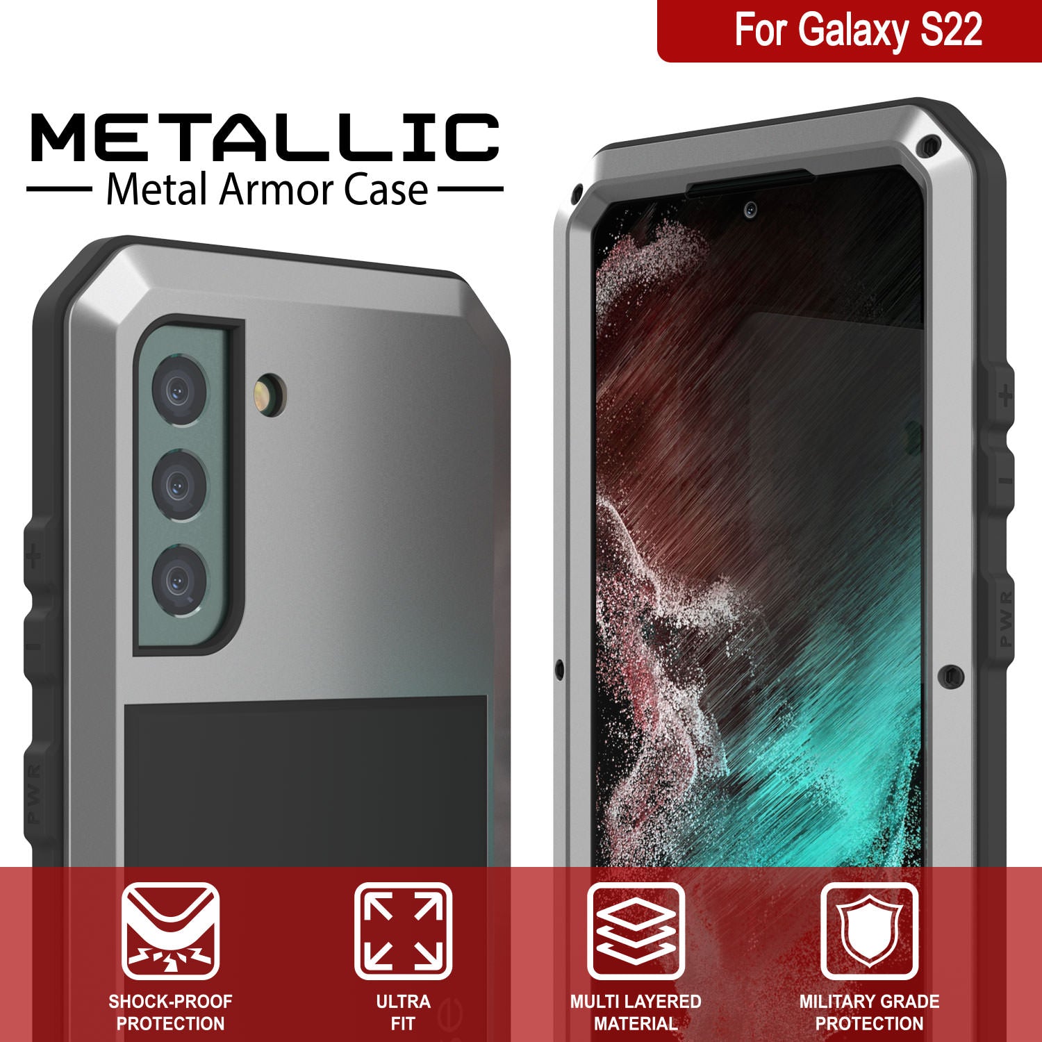 Galaxy S22 Metal Case, Heavy Duty Military Grade Rugged Armor Cover [Silver]