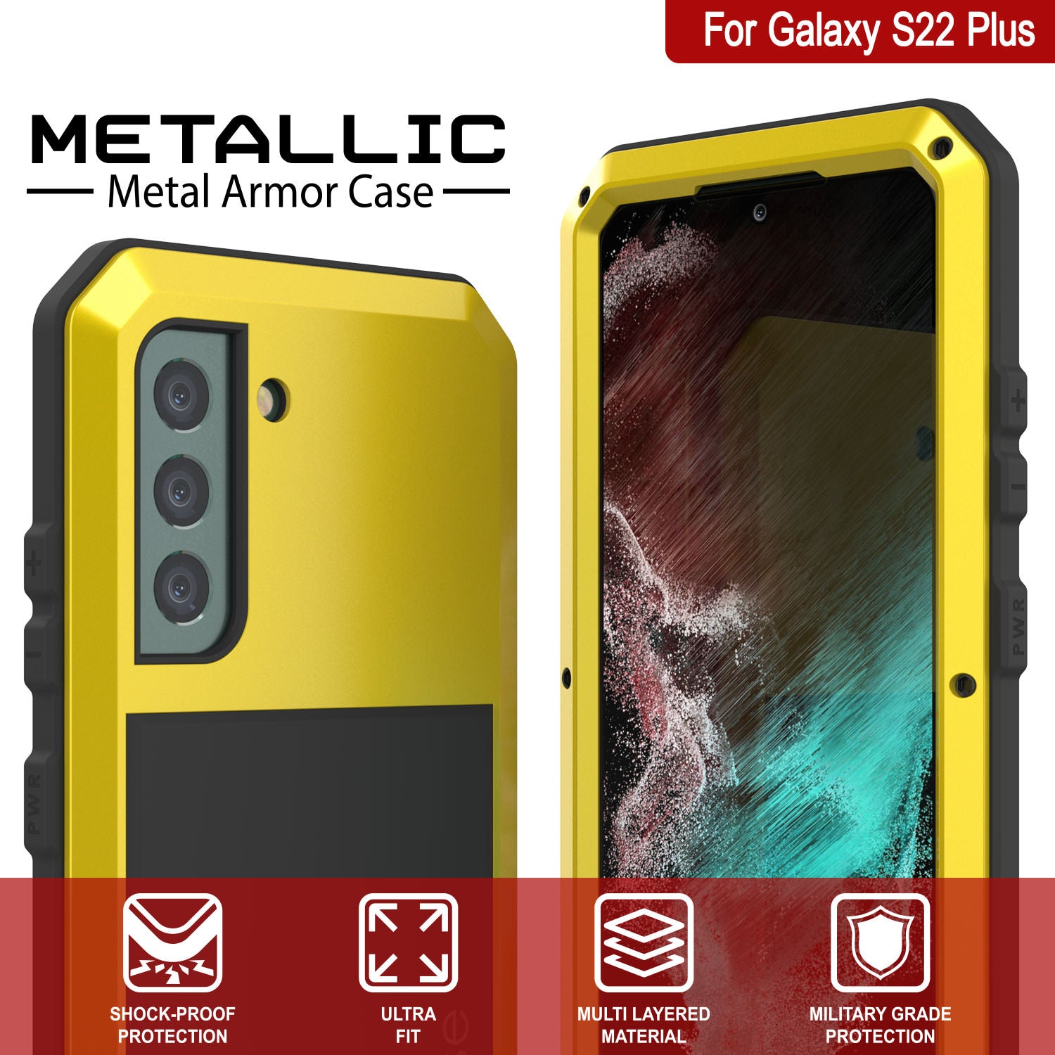 Galaxy S22+ Plus Metal Case, Heavy Duty Military Grade Rugged Armor Cover [Neon]