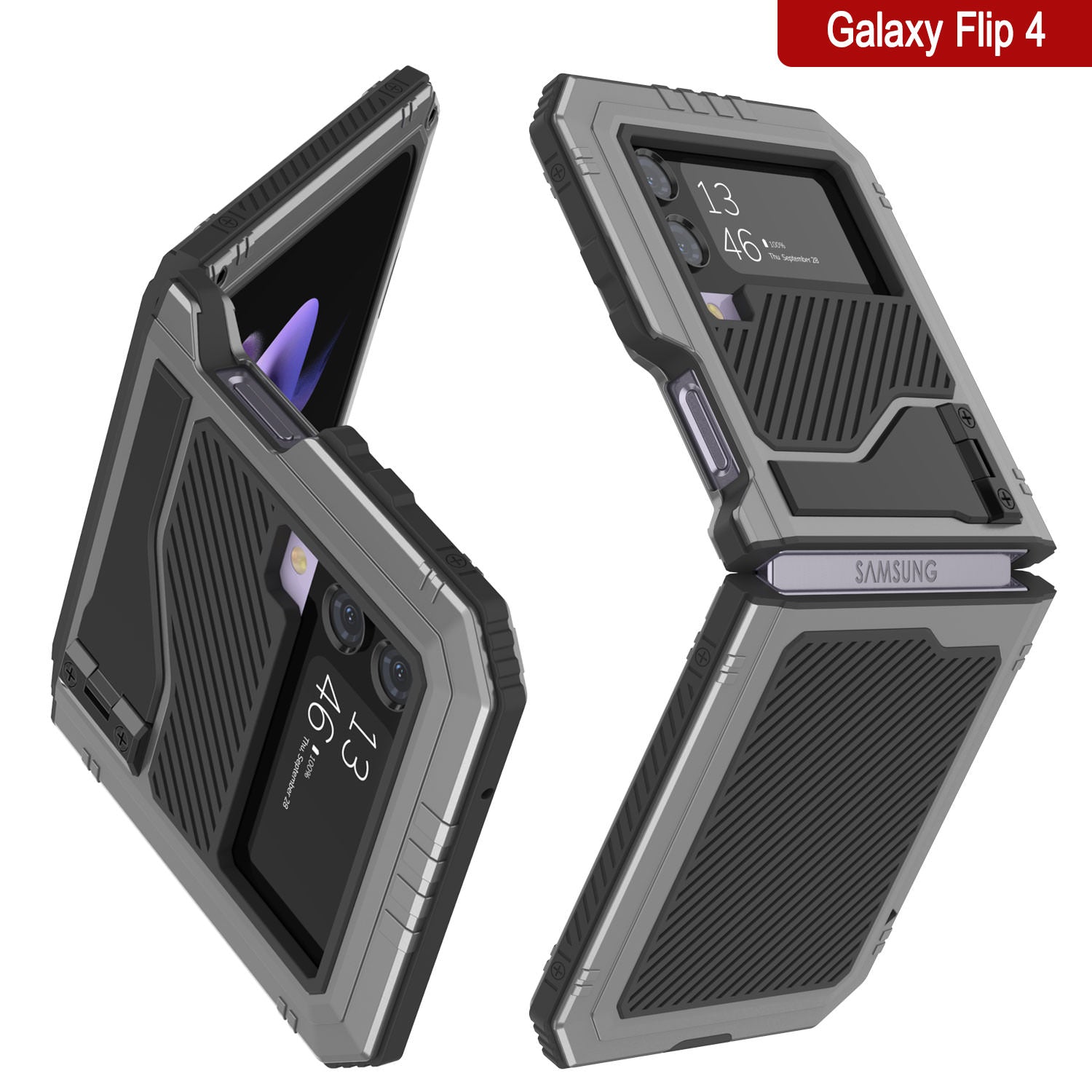 Galaxy Z Flip4 Metal Case, Heavy Duty Military Grade Armor Cover Full Body Hard [Silver]