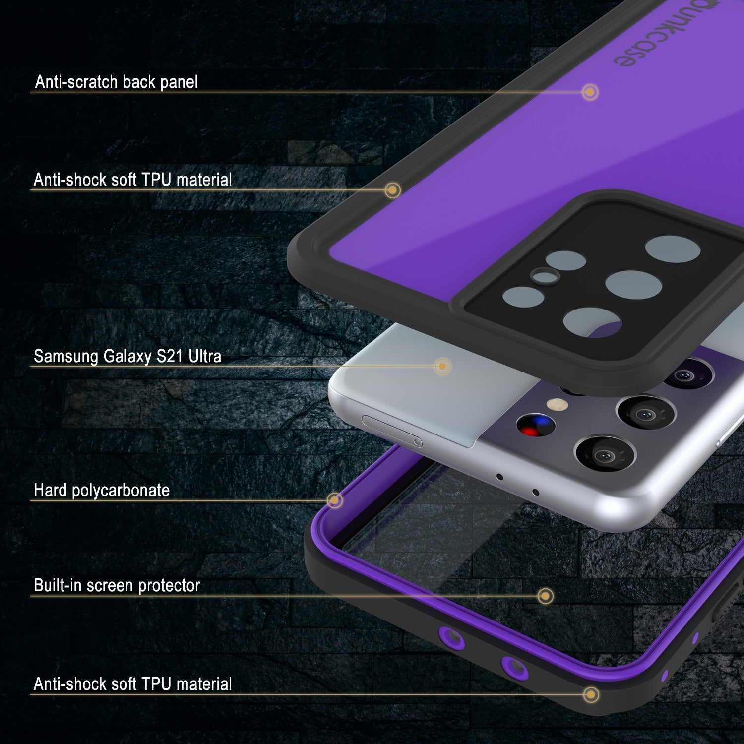 Galaxy S22 Ultra Waterproof Case PunkCase StudStar Purple Thin 6.6ft Underwater IP68 Shock/Snow Proof