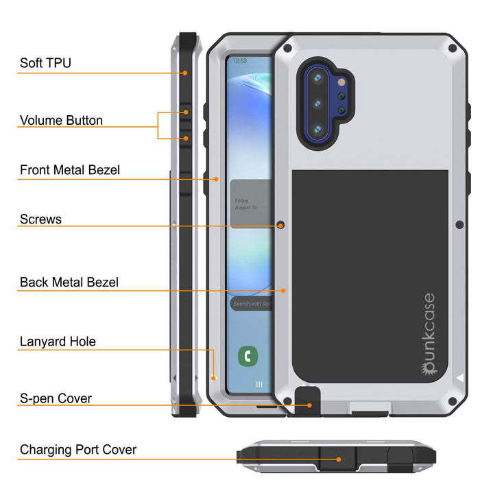 Galaxy Note 10+ Plus  Case, PUNKcase Metallic White Shockproof  Slim Metal Armor Case [White] (Color in image: silver)