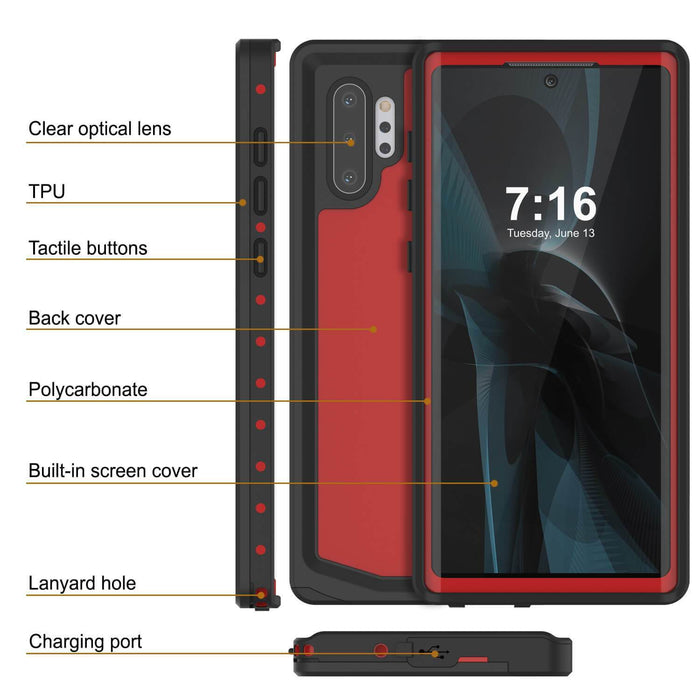 Galaxy Note 10+ Plus Waterproof Case, Punkcase Studstar Red Series Thin Armor Cover (Color in image: clear)