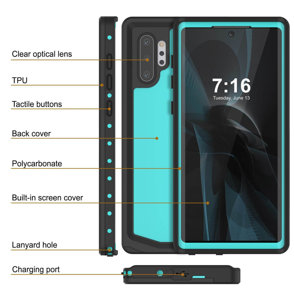 Galaxy Note 10+ Plus Waterproof Case, Punkcase Studstar Series Teal Thin Armor Cover (Color in image: clear)