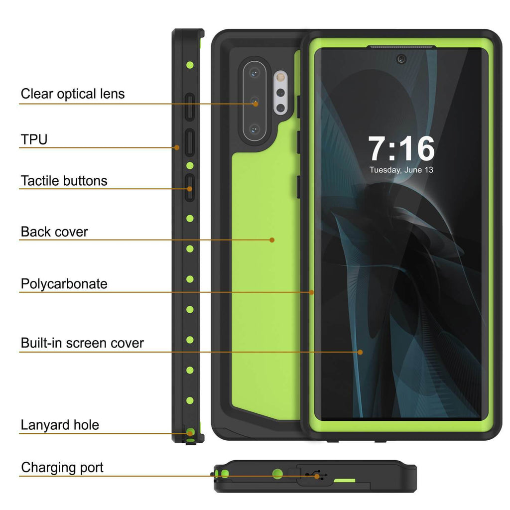 Galaxy Note 10+ Plus Waterproof Case, Punkcase Studstar Light Green Thin Armor Cover (Color in image: clear)