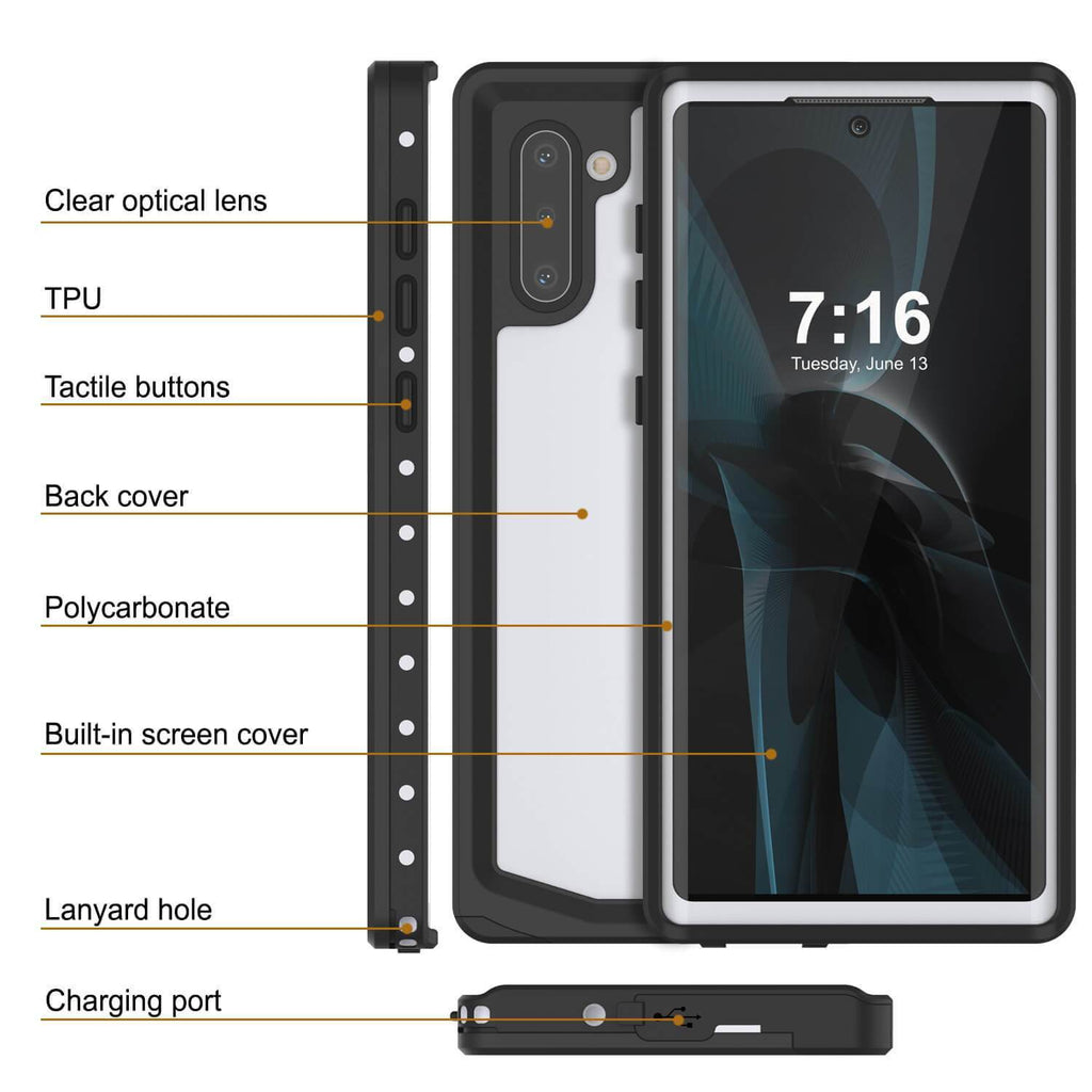 Galaxy Note 10 Waterproof Case, Punkcase Studstar White Thin Armor Cover (Color in image: clear)