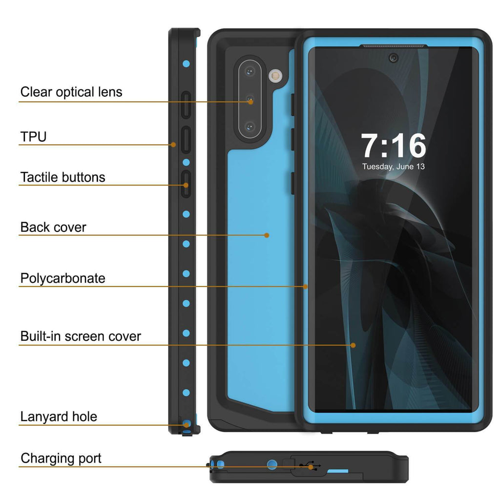 Galaxy Note 10 Waterproof Case, Punkcase Studstar Light Blue Thin Armor Cover (Color in image: white)