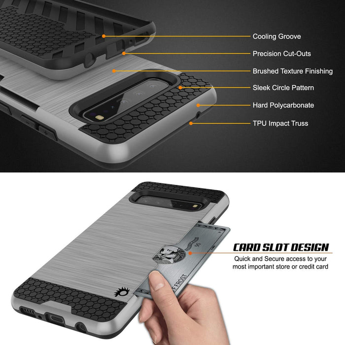 Galaxy S10 5G  Case, PUNKcase [SLOT Series] [Slim Fit] Dual-Layer Armor Cover w/Integrated Anti-Shock System, Credit Card Slot [Silver]