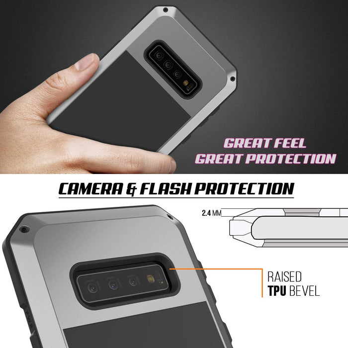 Galaxy S10 Metal Case, Heavy Duty Military Grade Rugged Armor Cover [Silver] (Color in image: White)