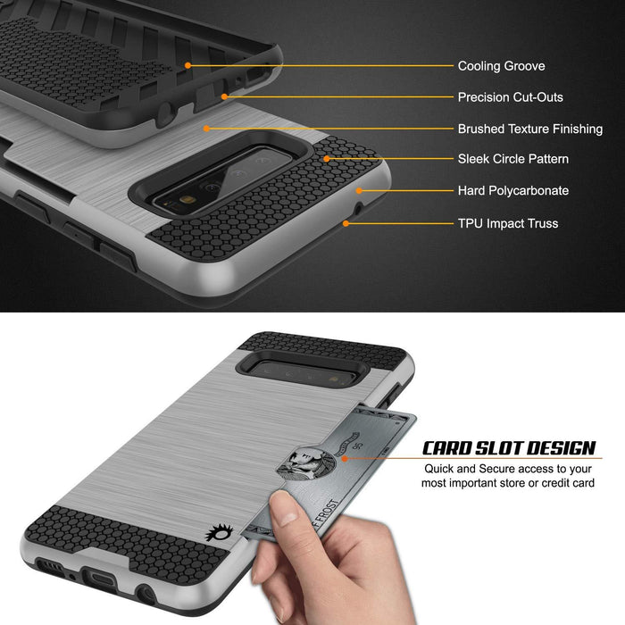 Galaxy S10+ Plus  Case, PUNKcase [SLOT Series] [Slim Fit] Dual-Layer Armor Cover w/Integrated Anti-Shock System, Credit Card Slot [Silver]