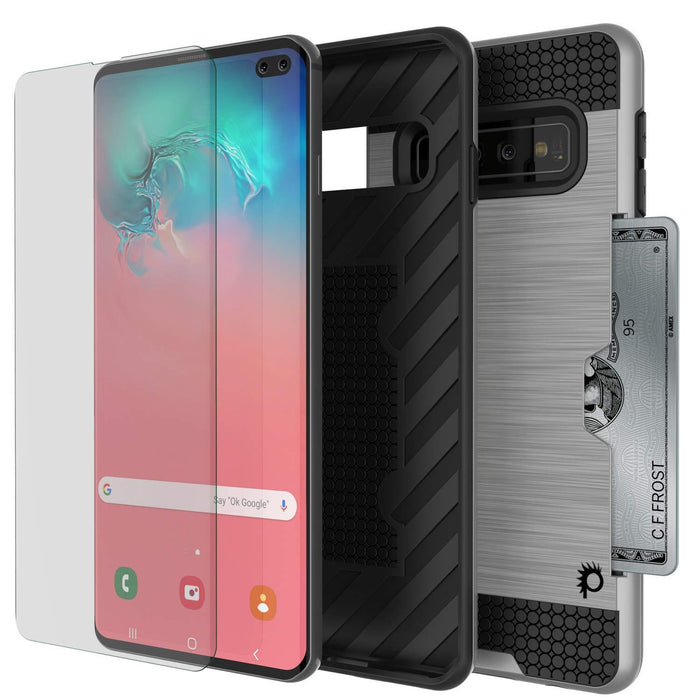 Galaxy S10+ Plus  Case, PUNKcase [SLOT Series] [Slim Fit] Dual-Layer Armor Cover w/Integrated Anti-Shock System, Credit Card Slot [Silver]