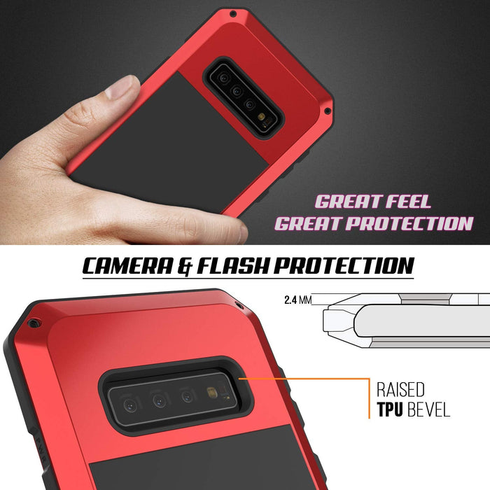 Galaxy S10+ Plus Metal Case, Heavy Duty Military Grade Rugged Armor Cover [Red] (Color in image: White)