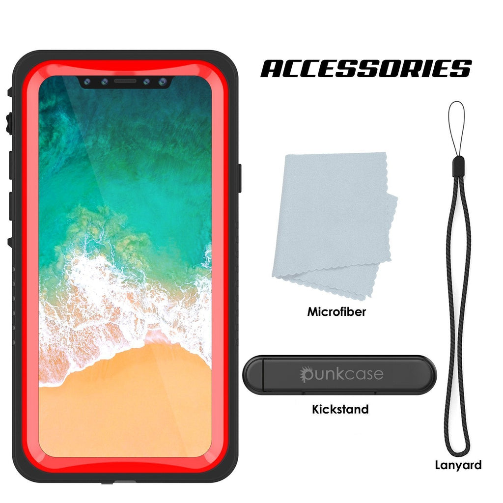 iPhone XS Max Waterproof Case, Punkcase [Extreme Series] Armor Cover W/ Built In Screen Protector [Red] (Color in image: Clear)