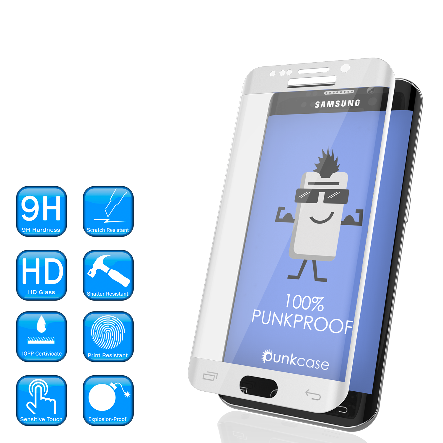 Galaxy S7 Edge White Punkcase Glass SHIELD Tempered Glass Screen Protector 0.33mm Thick 9H Glass (Color in image: Clear)