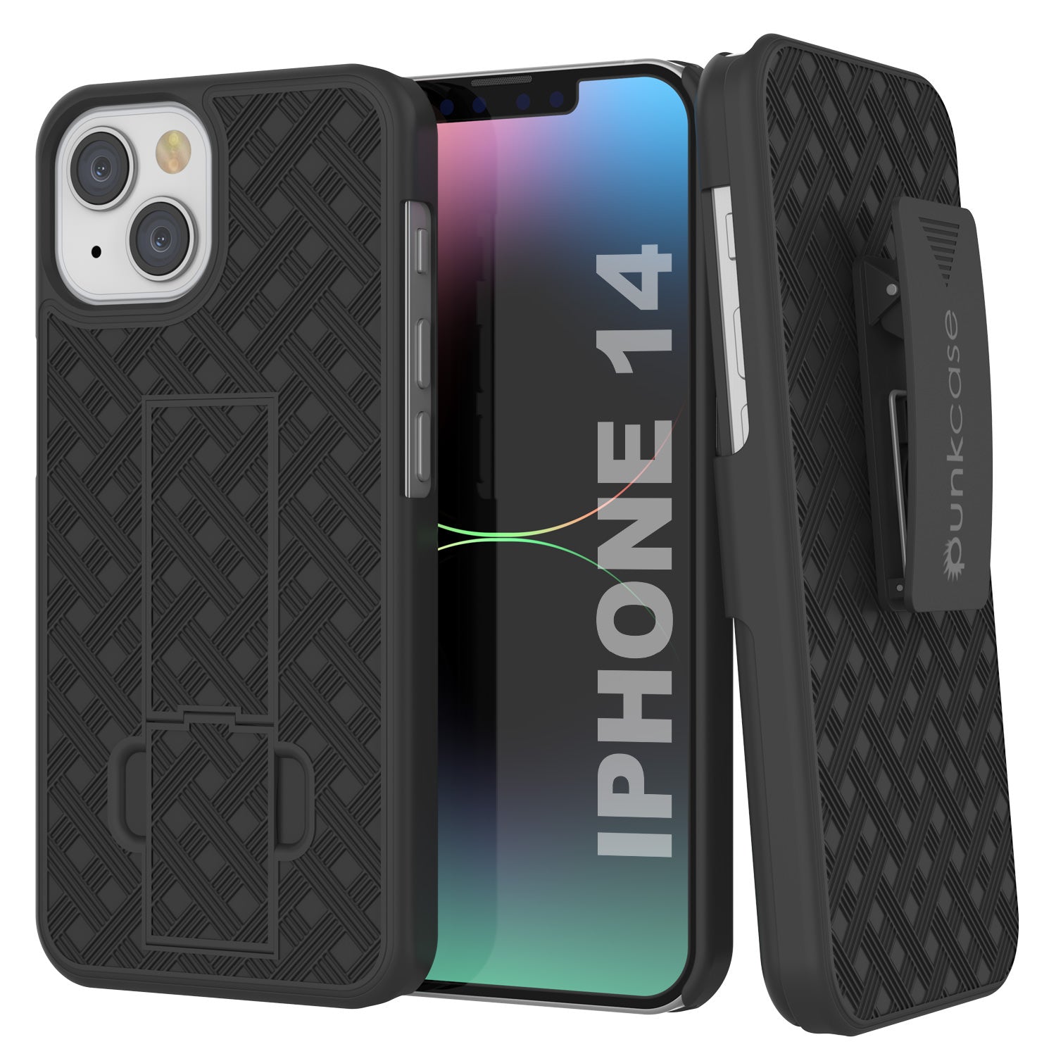 iPhone 15 Case With Tempered Glass Screen Protector, Holster Belt Clip & Built-In Kickstand [White]