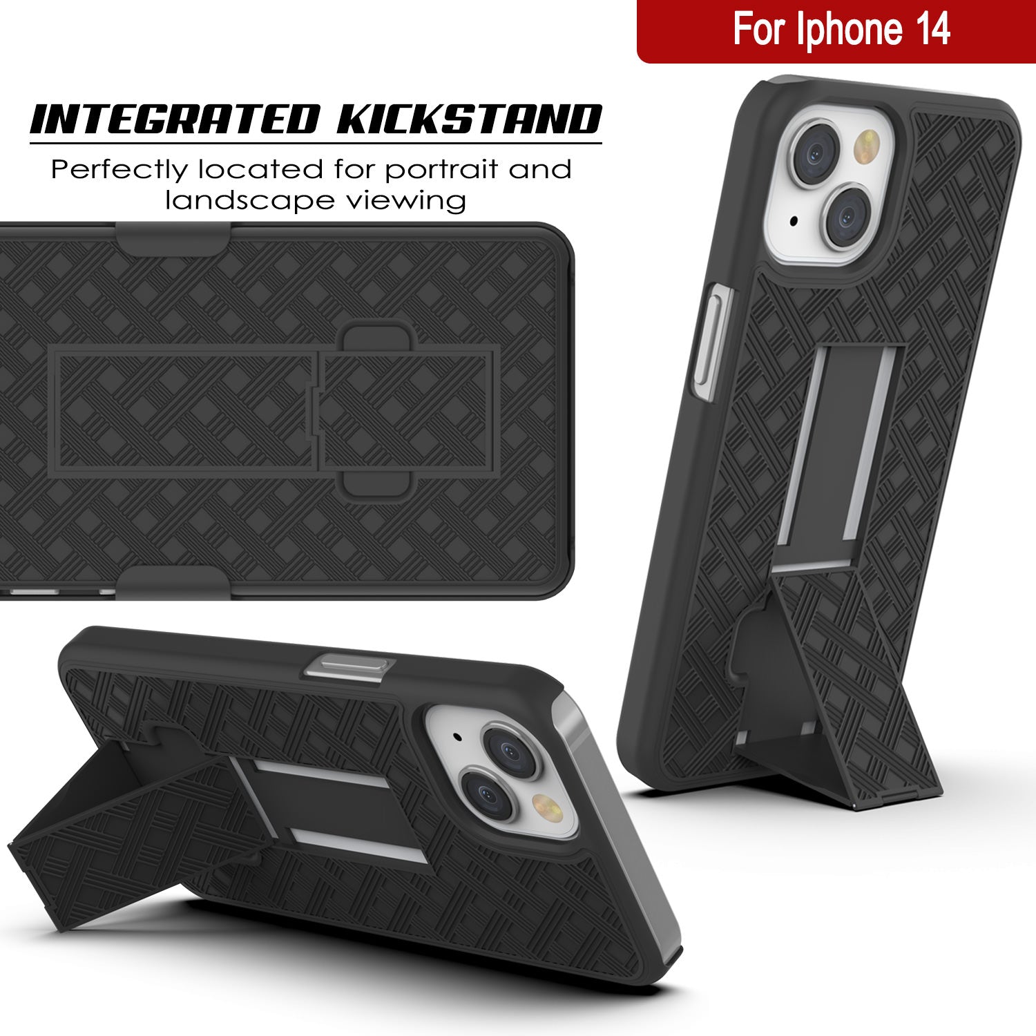 iPhone 15 Case With Tempered Glass Screen Protector, Holster Belt Clip & Built-In Kickstand [Grey]