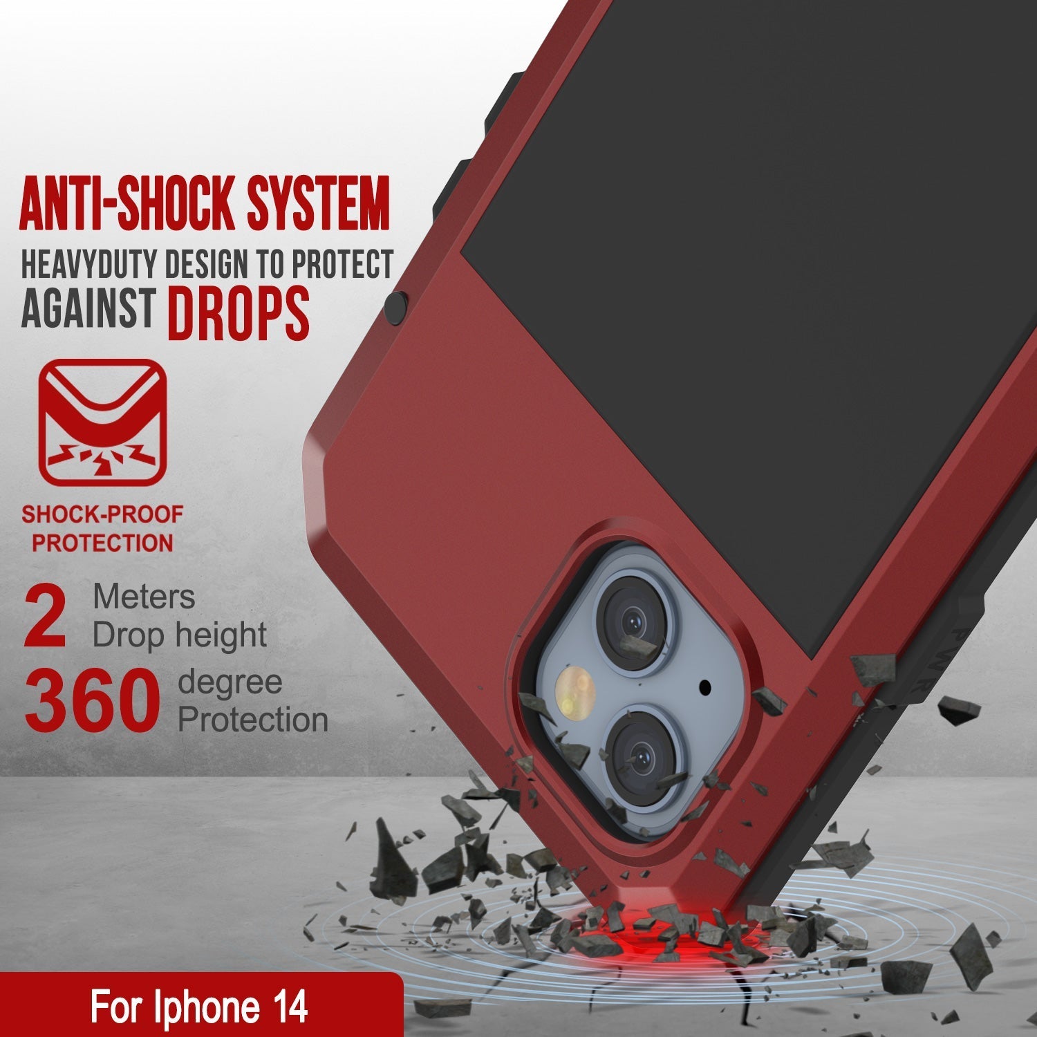 iPhone 14 Metal Case, Heavy Duty Military Grade Armor Cover [shock proof] Full Body Hard [Red]