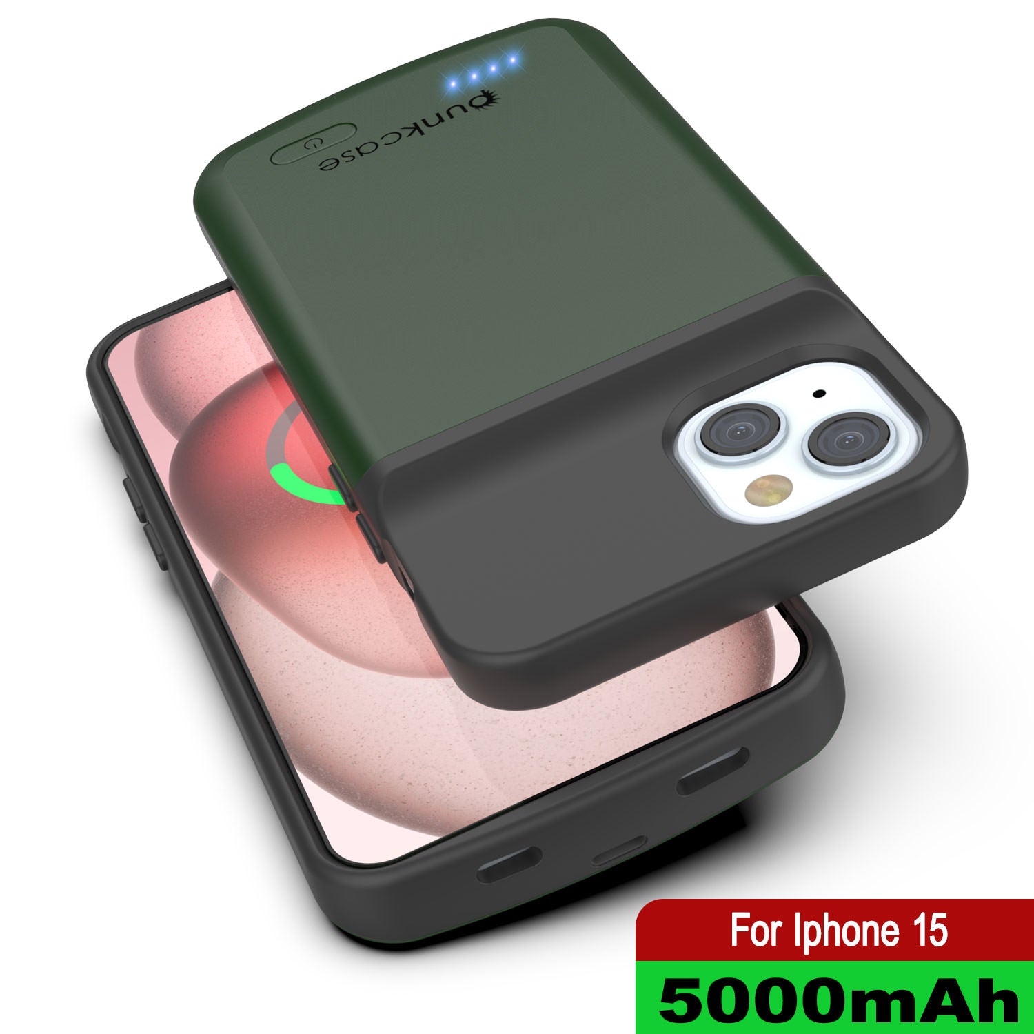 iPhone 15 Battery Case, PunkJuice 5000mAH Fast Charging Power Bank W/ Screen Protector | [Green]