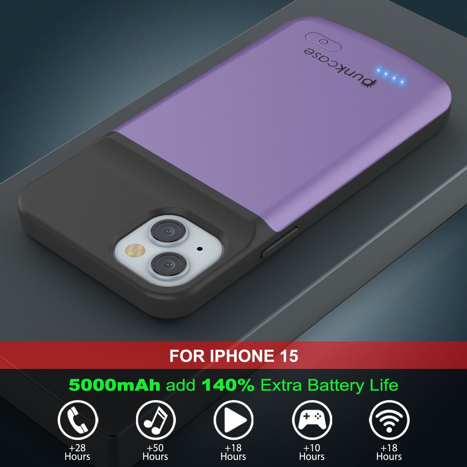 iPhone 15 Battery Case, PunkJuice 5000mAH Fast Charging Power Bank W/ Screen Protector | [Purple]