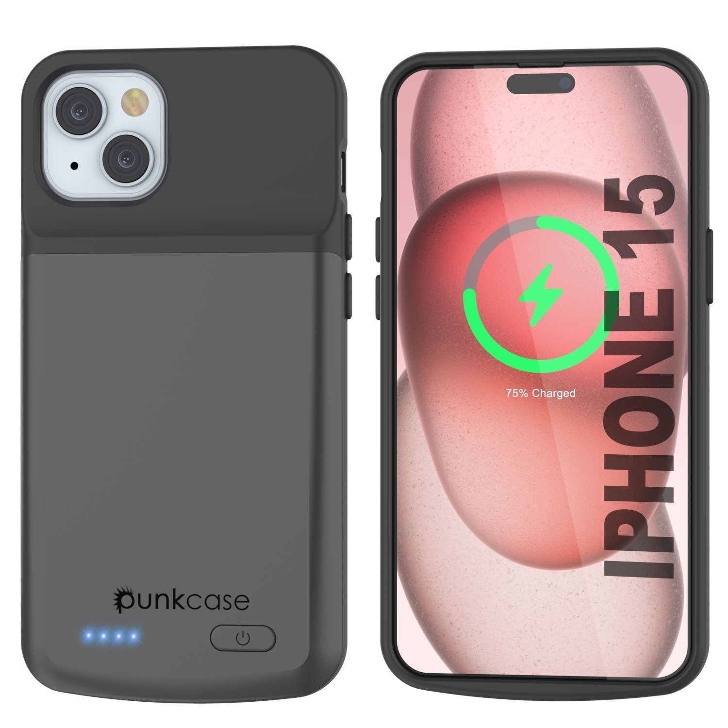 iPhone 15 Battery Case, PunkJuice 5000mAH Fast Charging Power Bank W/ Screen Protector | [Grey]