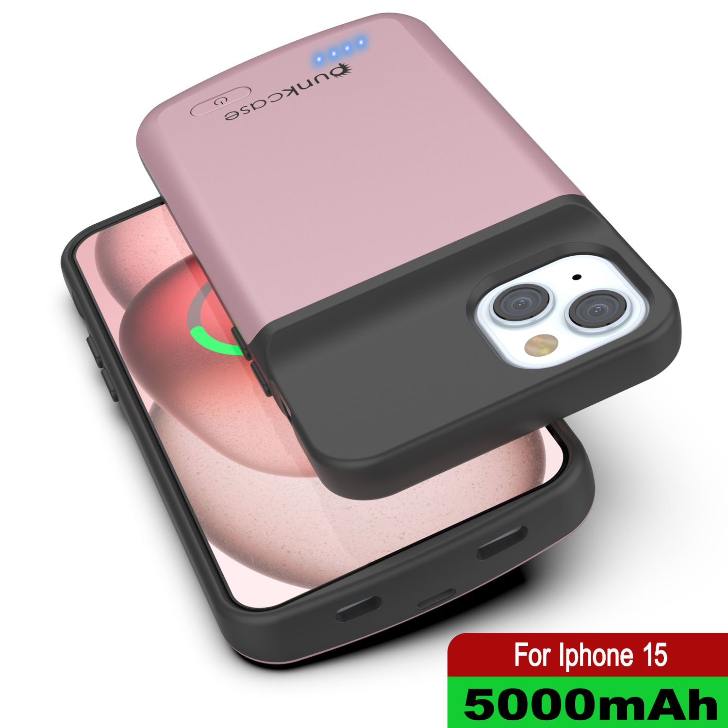 iPhone 15 Battery Case, PunkJuice 5000mAH Fast Charging Power Bank W/ Screen Protector | [Rose-Gold]