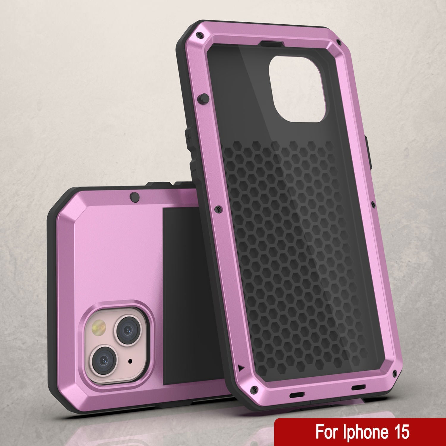 iPhone 15 Metal Case, Heavy Duty Military Grade Armor Cover [shock proof] Full Body Hard [Pink]