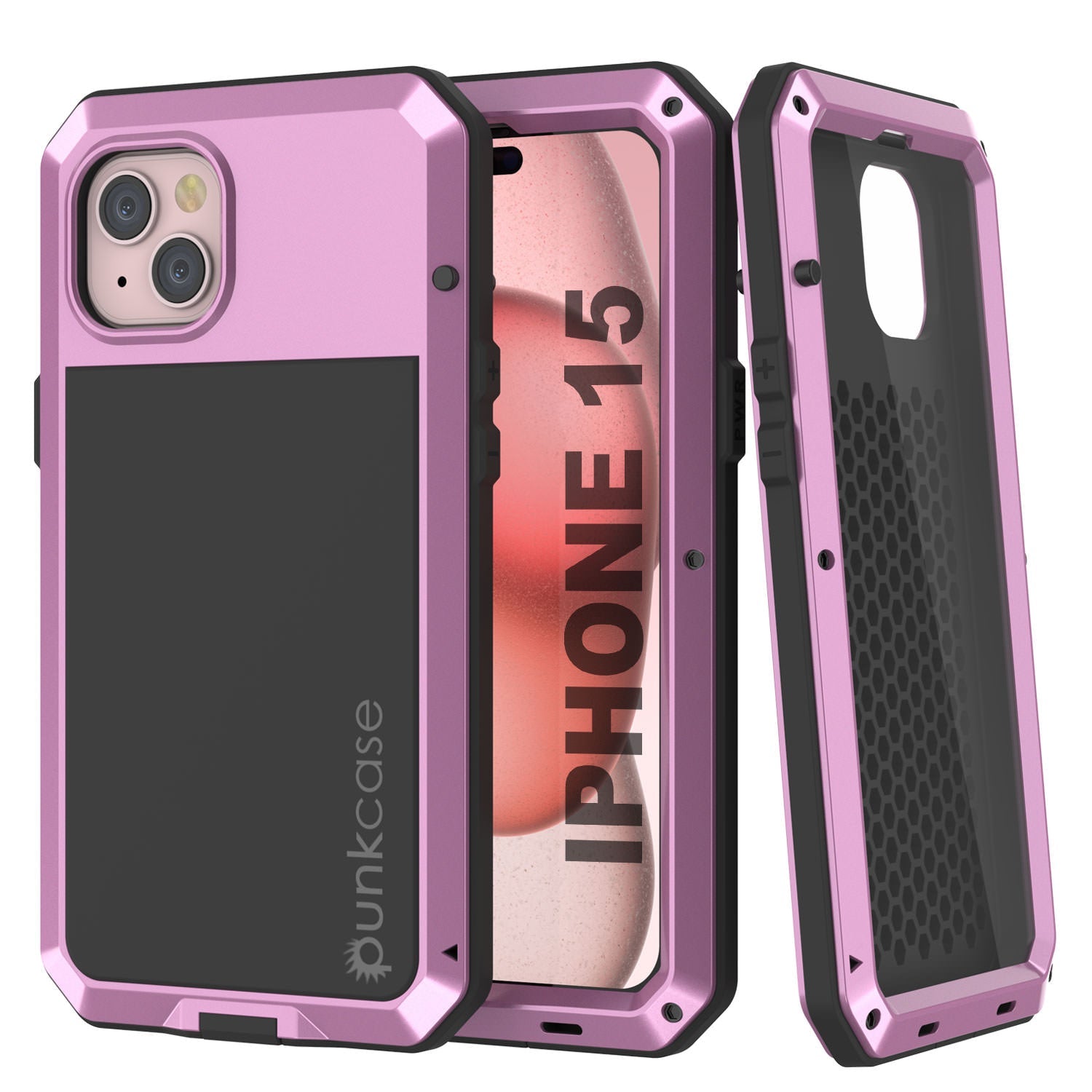 iPhone 15 Metal Case, Heavy Duty Military Grade Armor Cover [shock proof] Full Body Hard [Pink]