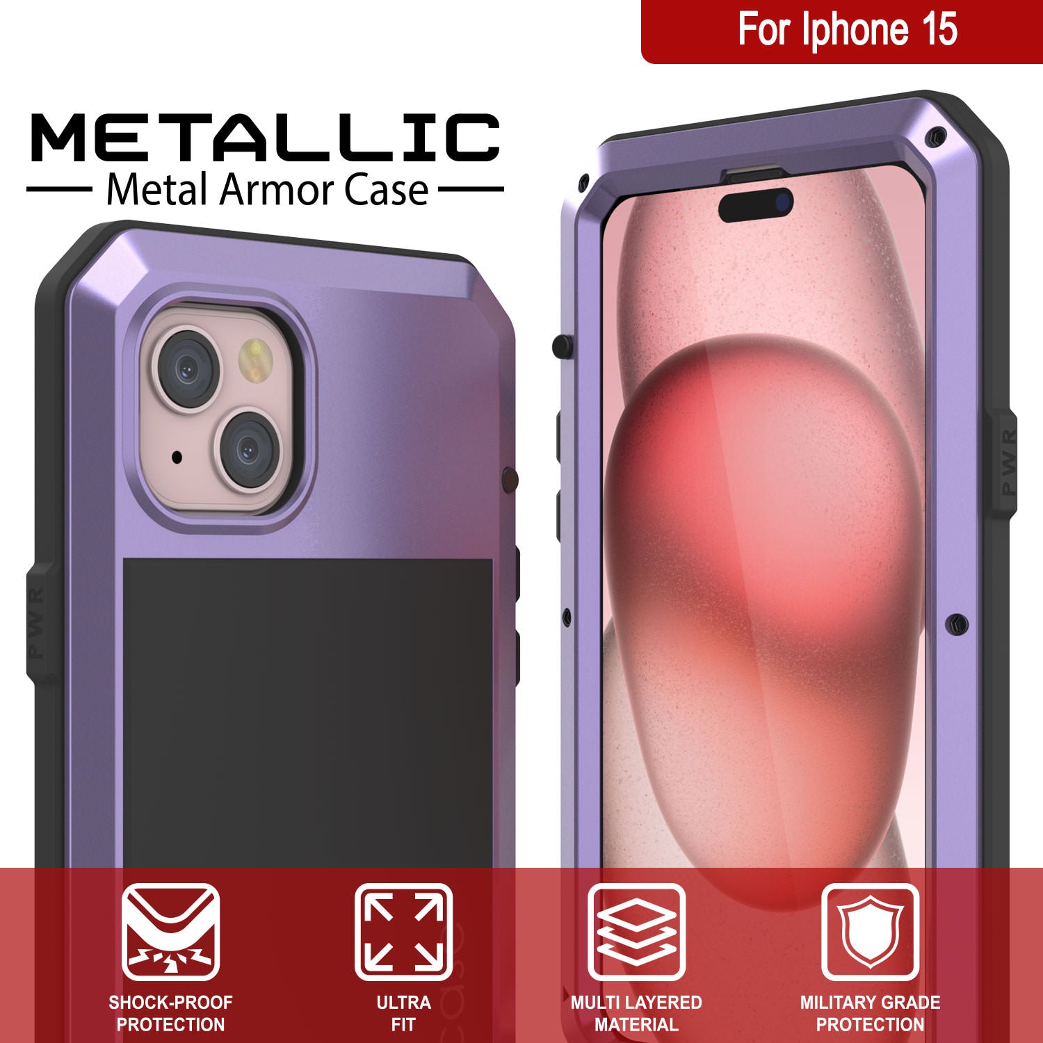 iPhone 15 Metal Case, Heavy Duty Military Grade Armor Cover [shock proof] Full Body Hard [Purple]