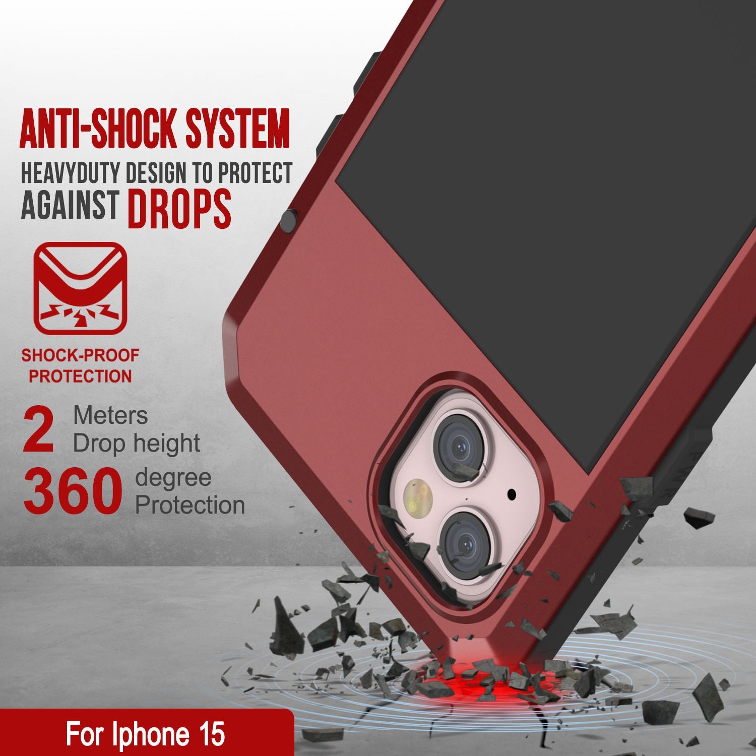 iPhone 15 Metal Case, Heavy Duty Military Grade Armor Cover [shock proof] Full Body Hard [Red]