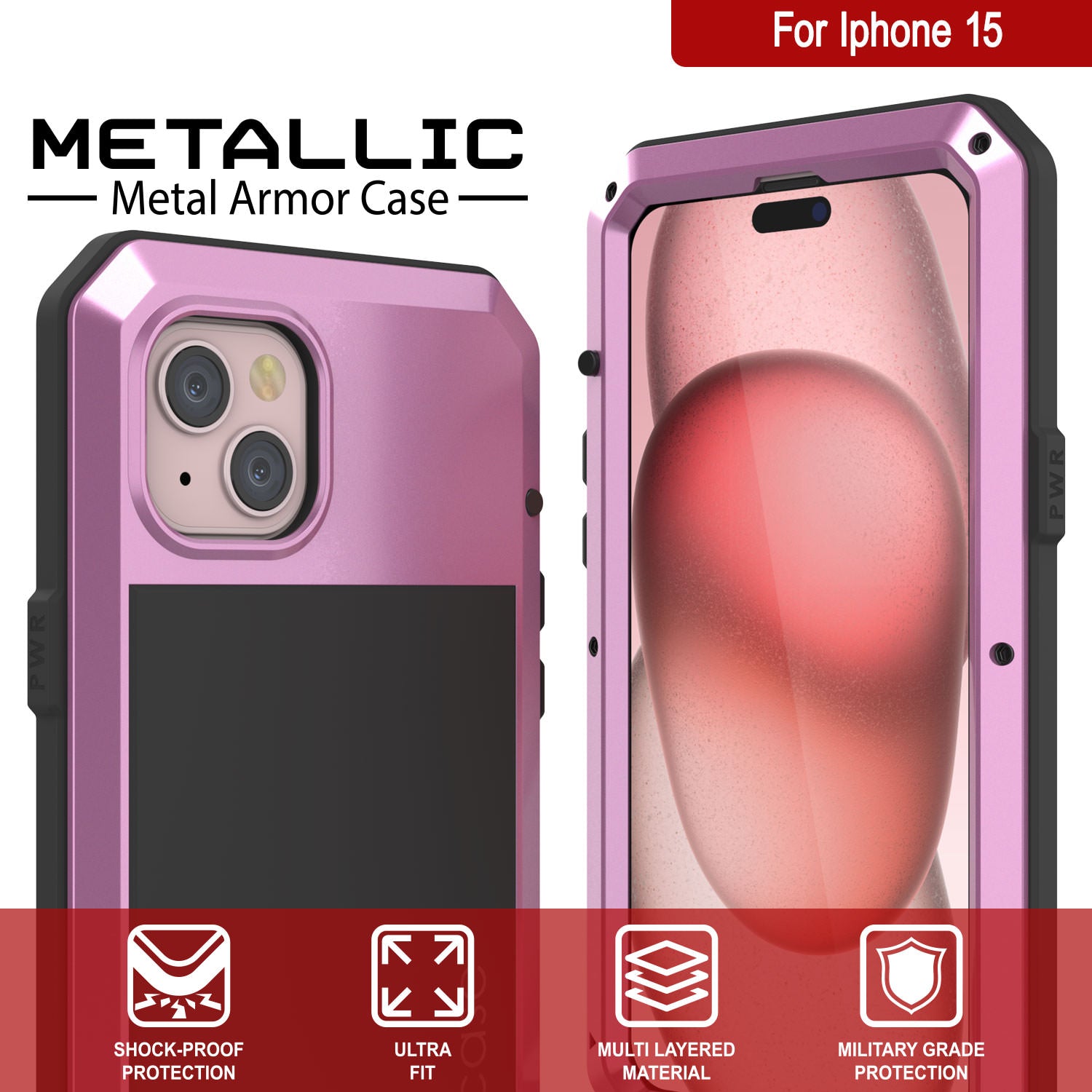 iPhone 15 Metal Case, Heavy Duty Military Grade Armor Cover [shock proof] Full Body Hard [Pink]