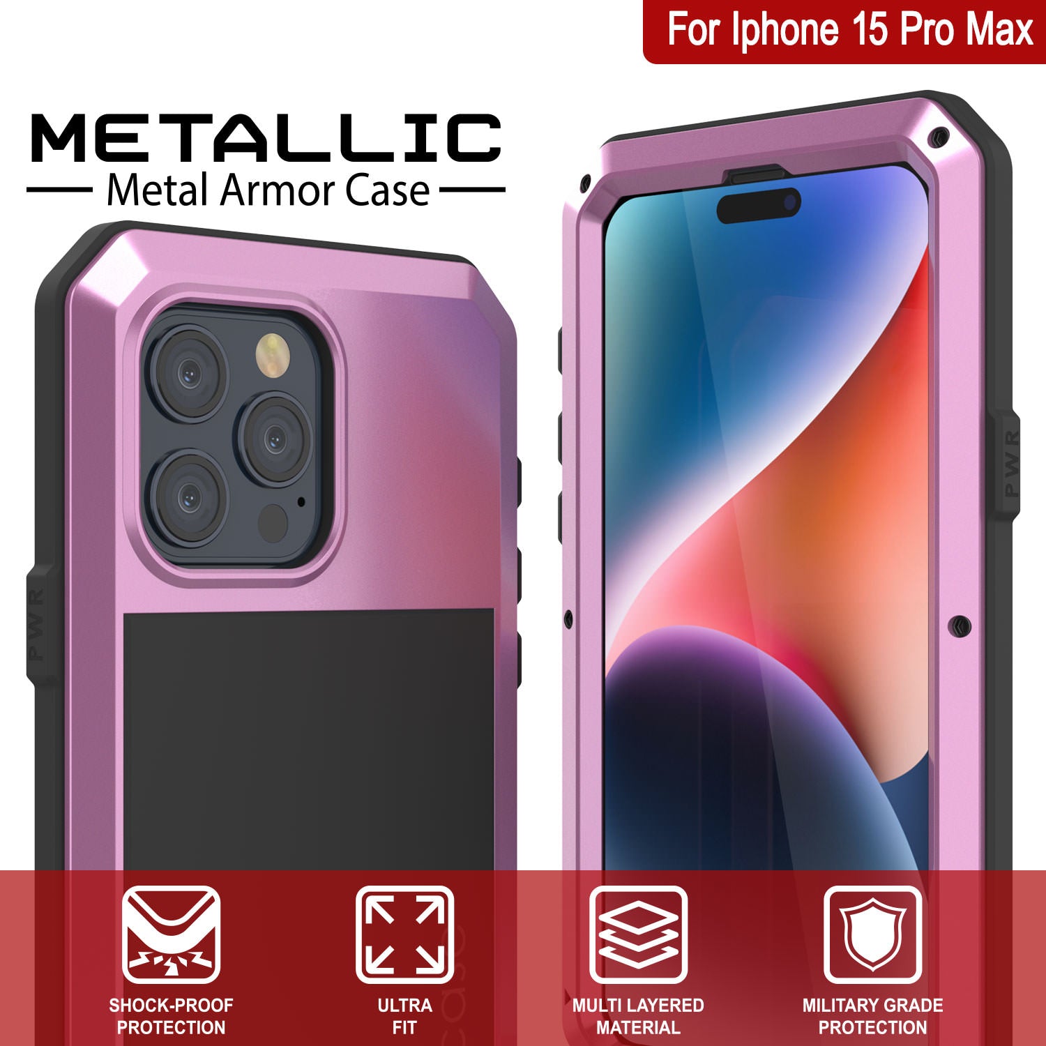 iPhone 15 Pro Max Metal Case, Heavy Duty Military Grade Armor Cover [shock proof] Full Body Hard [Pink]