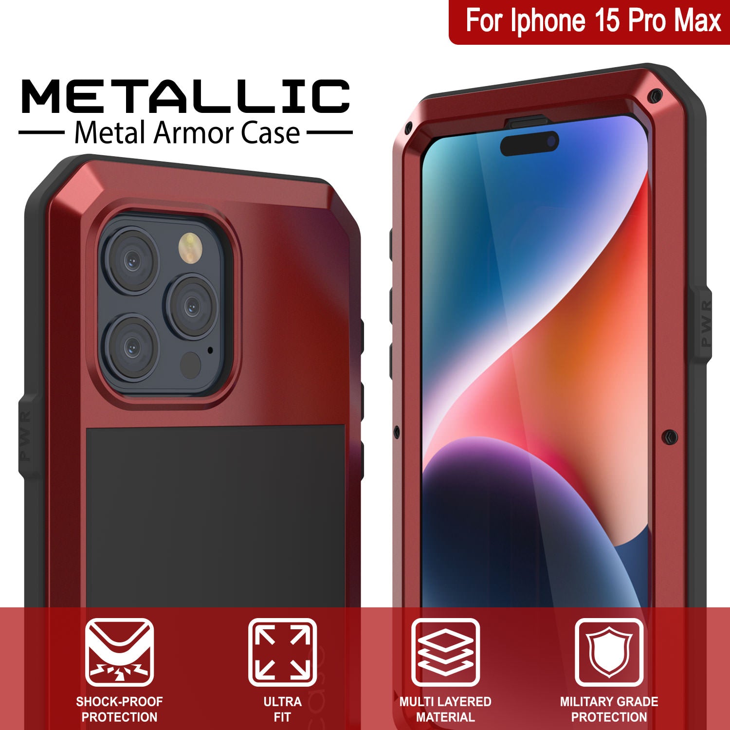 iPhone 15 Pro Max Metal Case, Heavy Duty Military Grade Armor Cover [shock proof] Full Body Hard [Red]