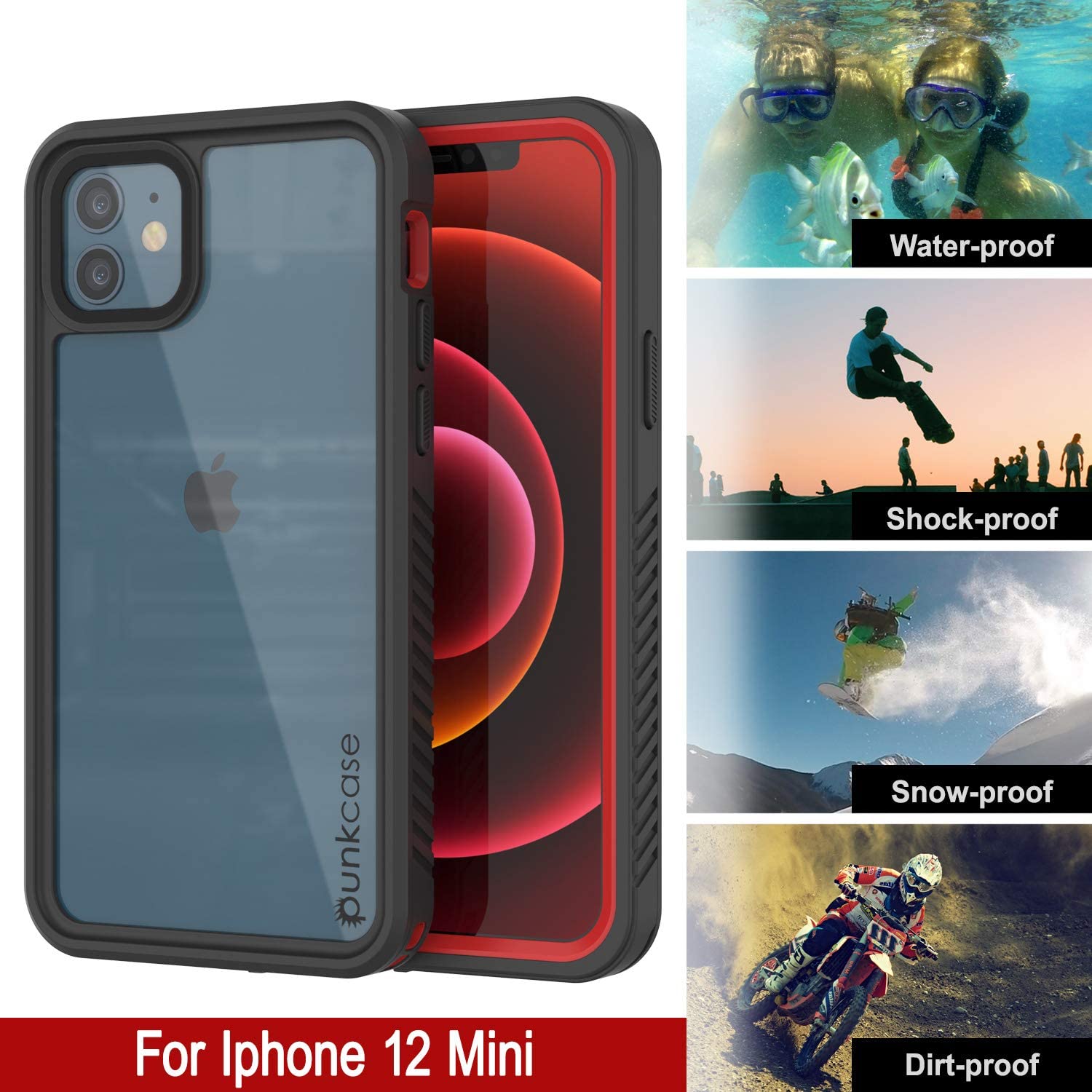 iPhone 12 Mini Waterproof Case, Punkcase [Extreme Series] Armor Cover W/ Built In Screen Protector [Red] (Color in image: Pink)