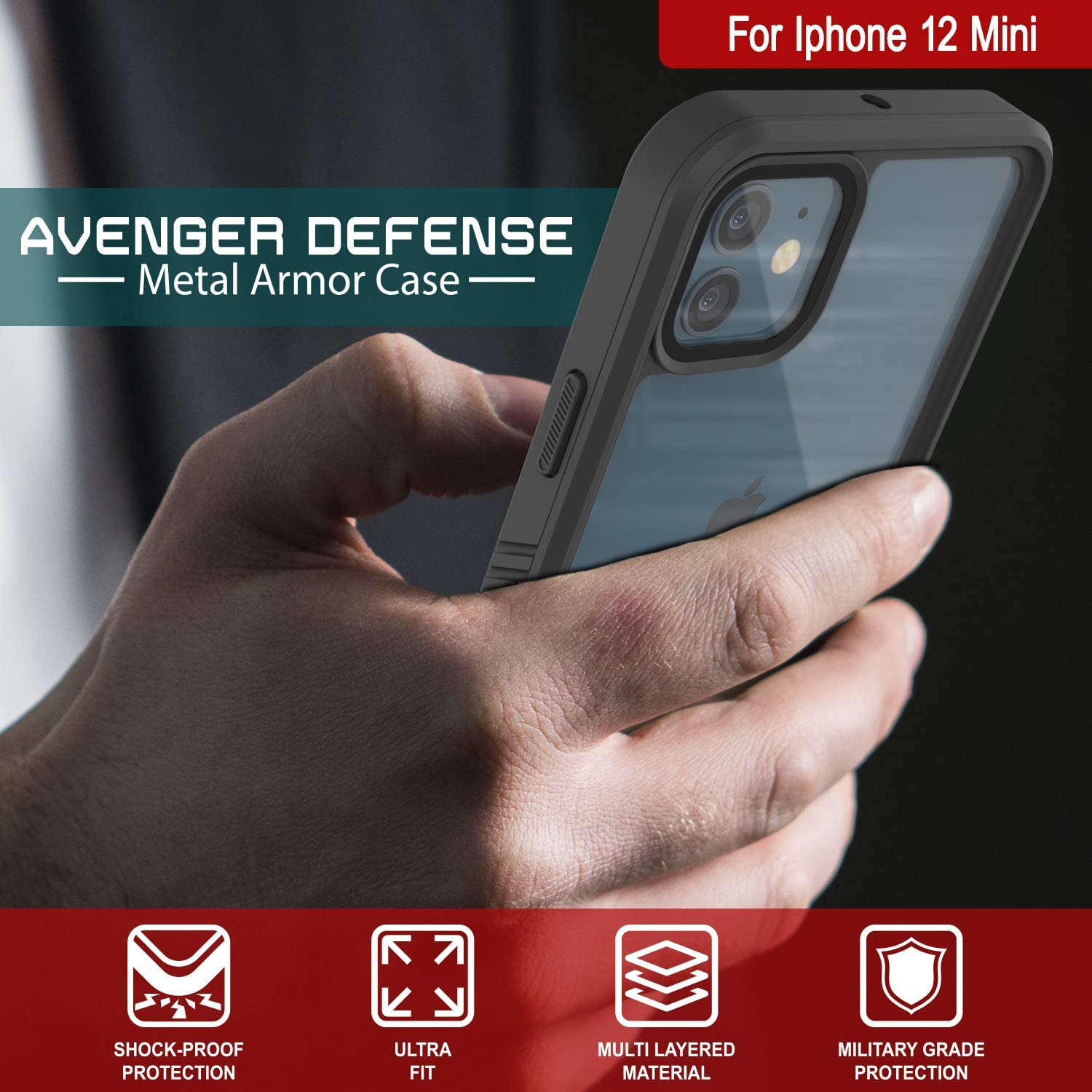 iPhone 12 Mini Waterproof Case, Punkcase [Extreme Series] Armor Cover W/ Built In Screen Protector [Red] (Color in image: Black)