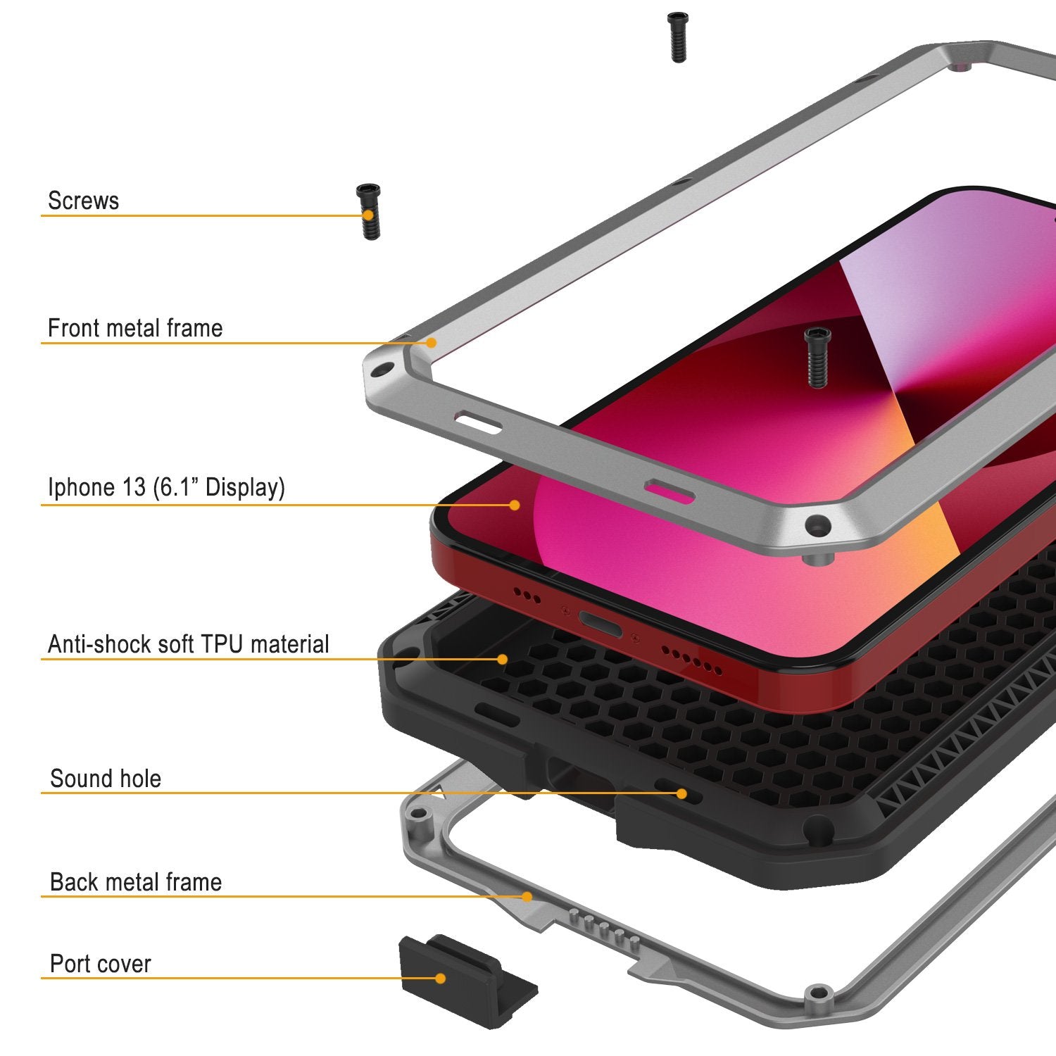 iPhone 13 Metal Case, Heavy Duty Military Grade Armor Cover [shock proof] Full Body Hard [Silver]