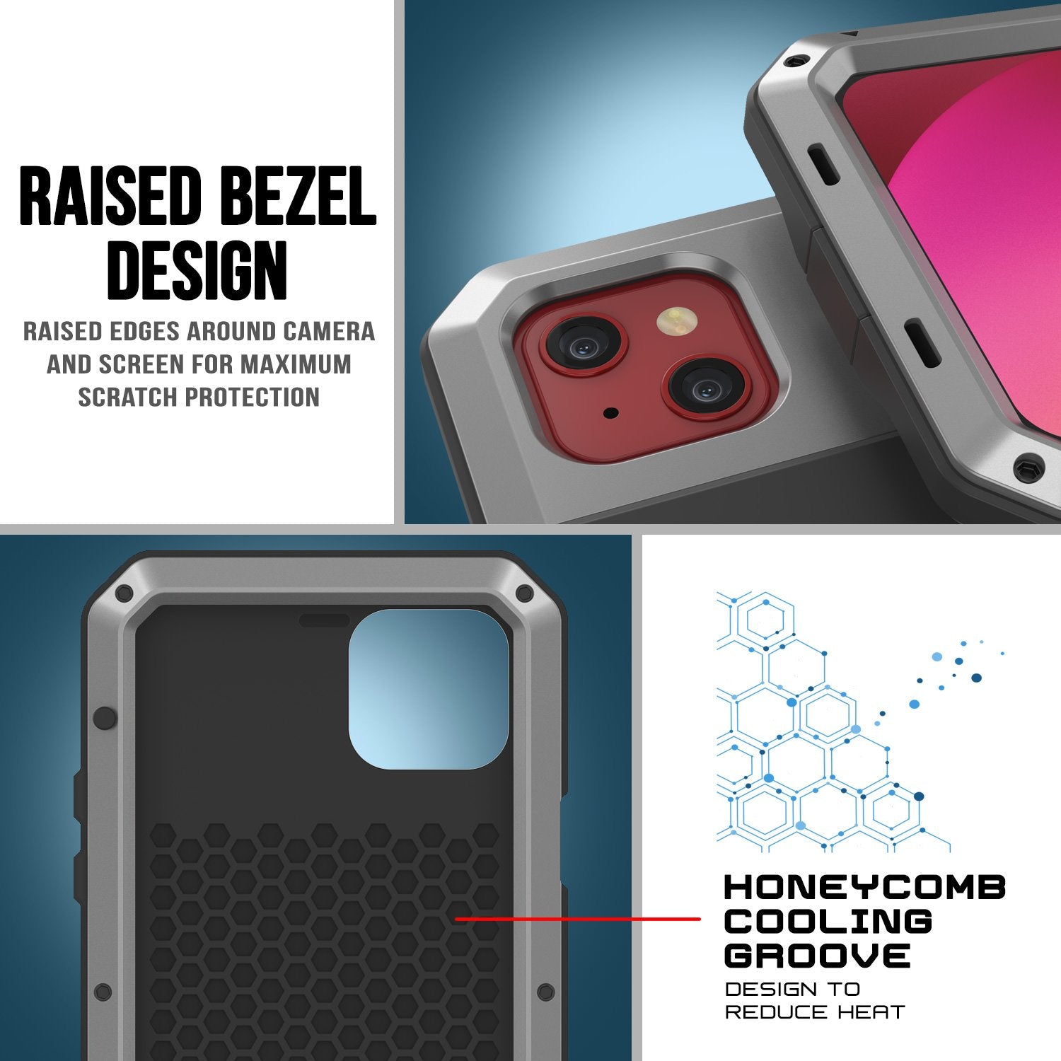 iPhone 13 Metal Case, Heavy Duty Military Grade Armor Cover [shock proof] Full Body Hard [Silver]