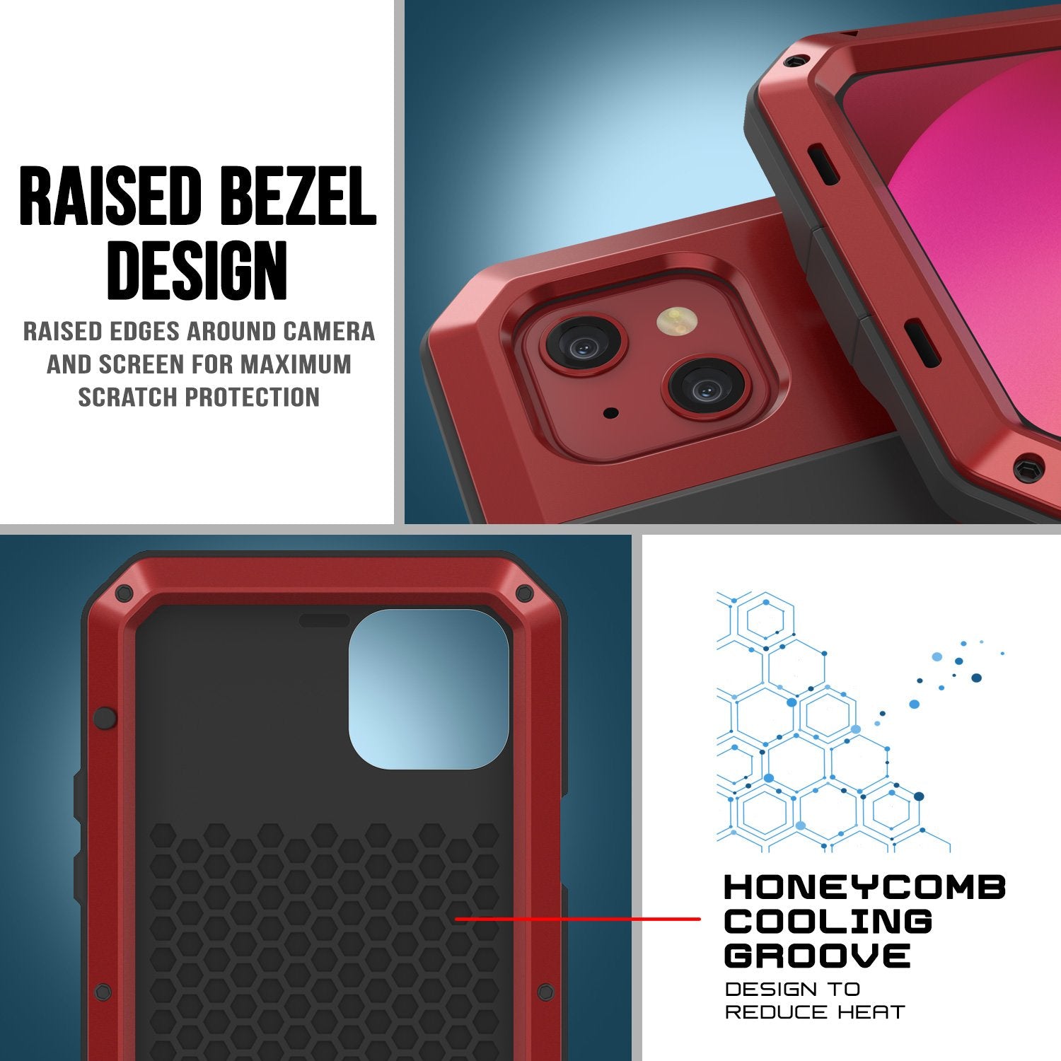 iPhone 13 Metal Case, Heavy Duty Military Grade Armor Cover [shock proof] Full Body Hard [Red]