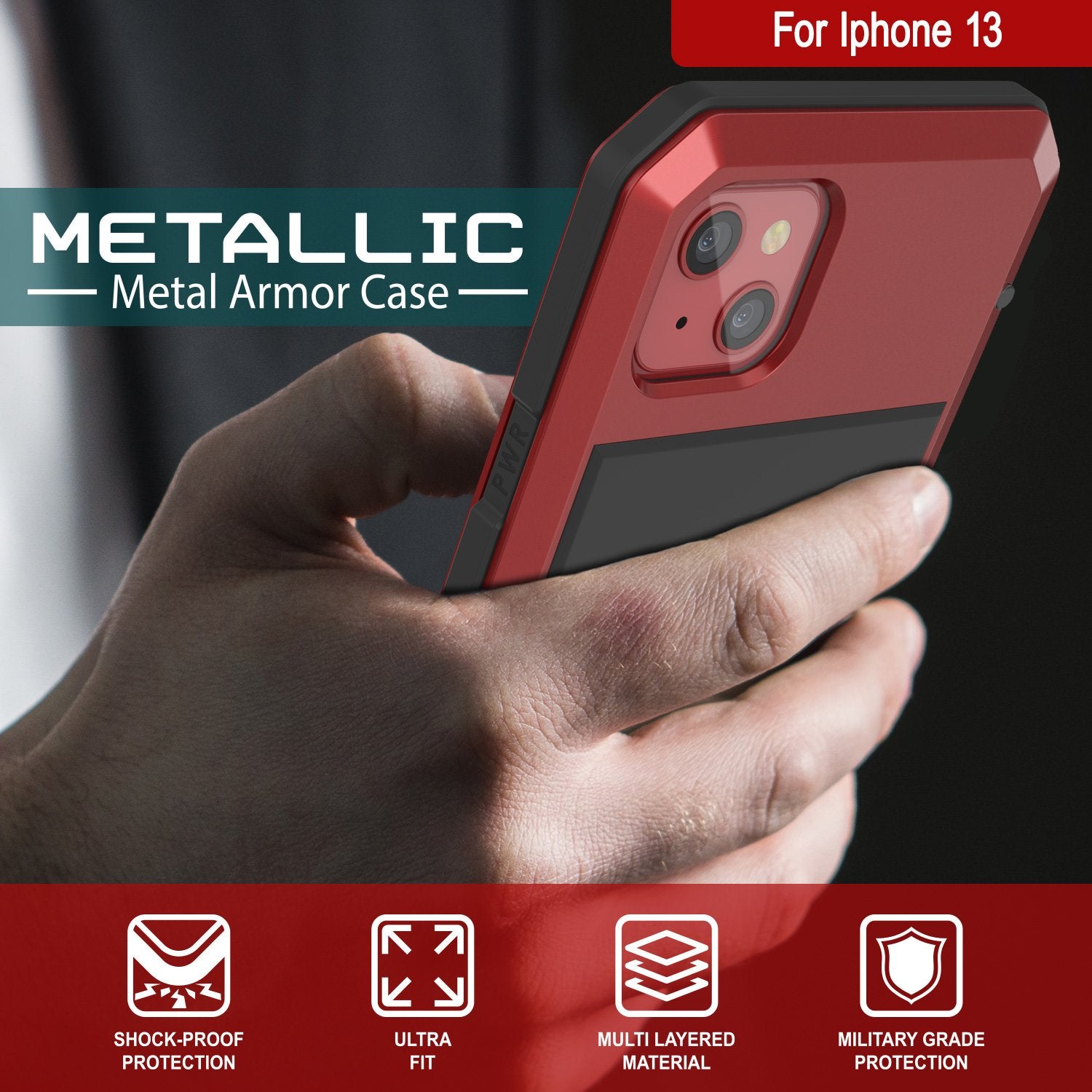 iPhone 13 Metal Case, Heavy Duty Military Grade Armor Cover [shock proof] Full Body Hard [Red]