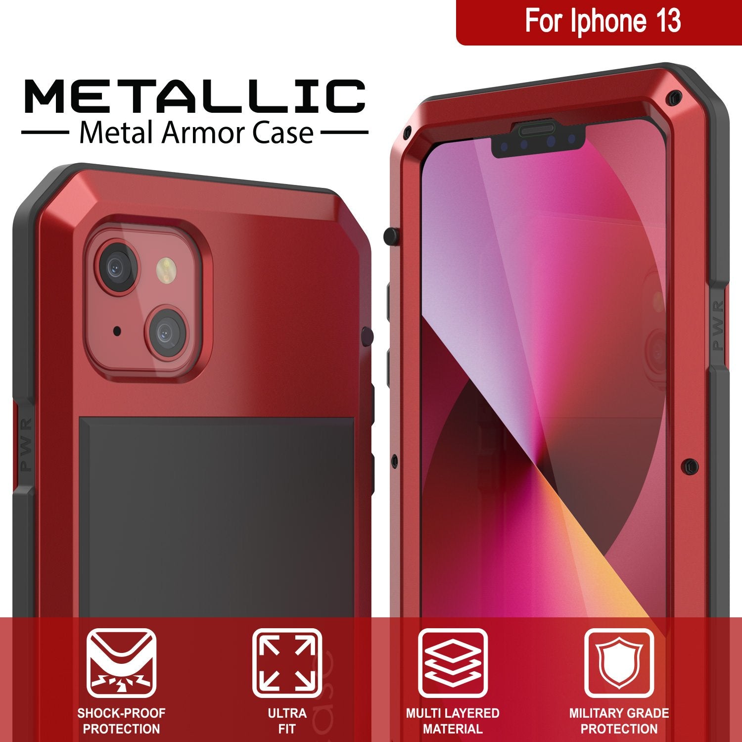 iPhone 13 Metal Case, Heavy Duty Military Grade Armor Cover [shock proof] Full Body Hard [Red]