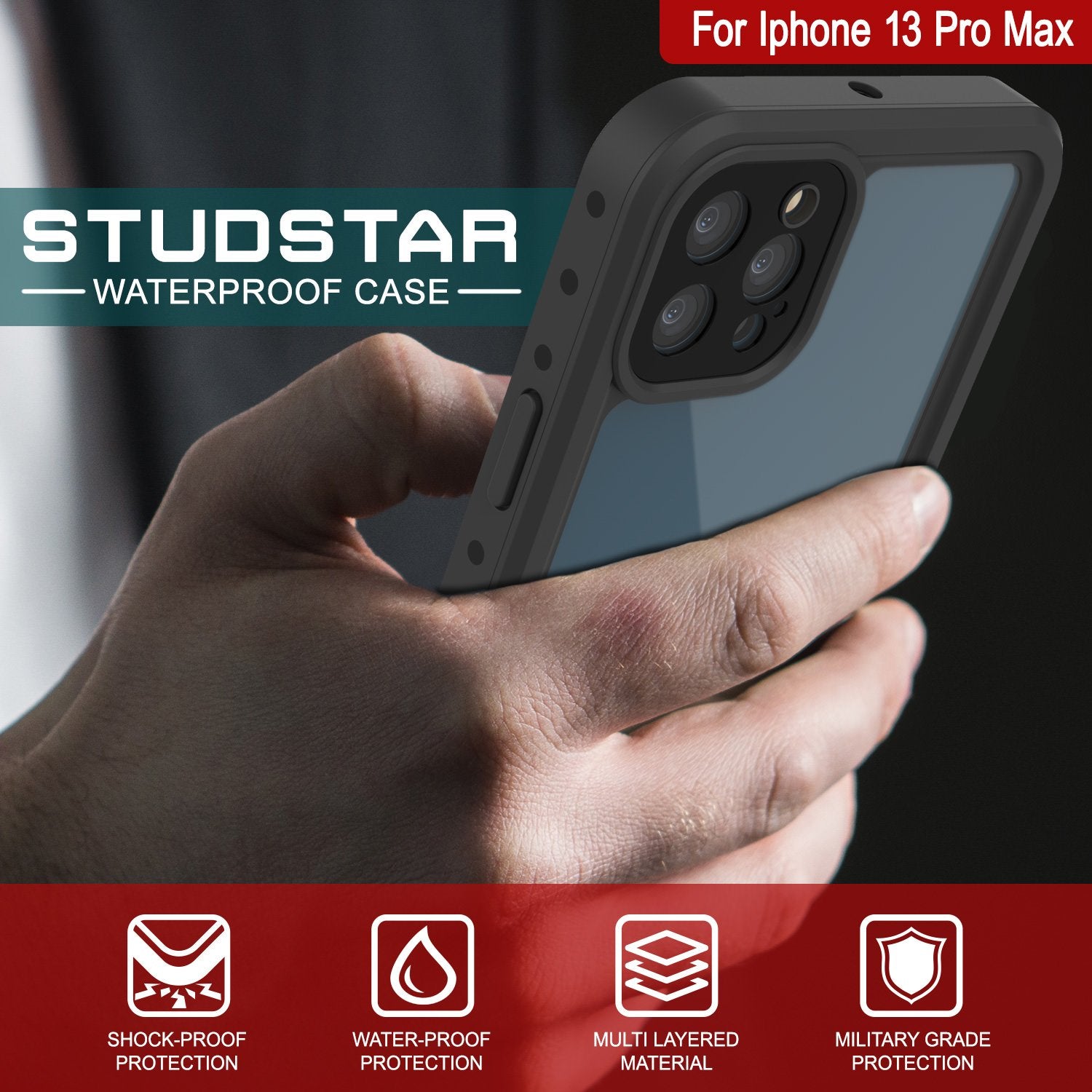 iPhone 13 Pro Max Waterproof IP68 Case, Punkcase [Clear] [StudStar Series] [Slim Fit] [Dirtproof]
