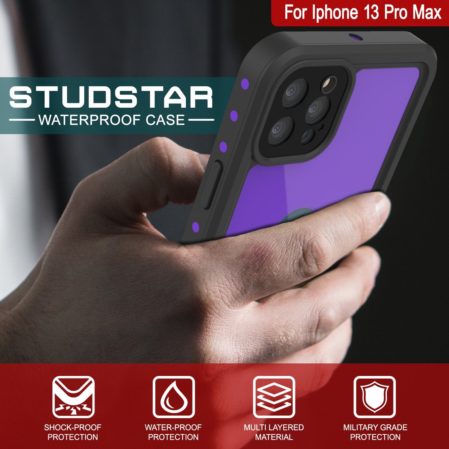 iPhone 13 Pro Max Waterproof IP68 Case, Punkcase [Purple] [StudStar Series] [Slim Fit] [Dirtproof]
