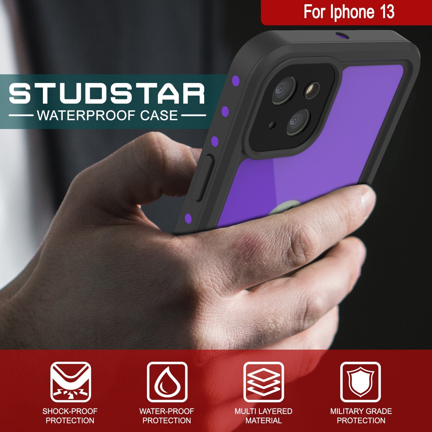 iPhone 13 Waterproof IP68 Case, Punkcase [Purple] [StudStar Series] [Slim Fit] [Dirtproof]