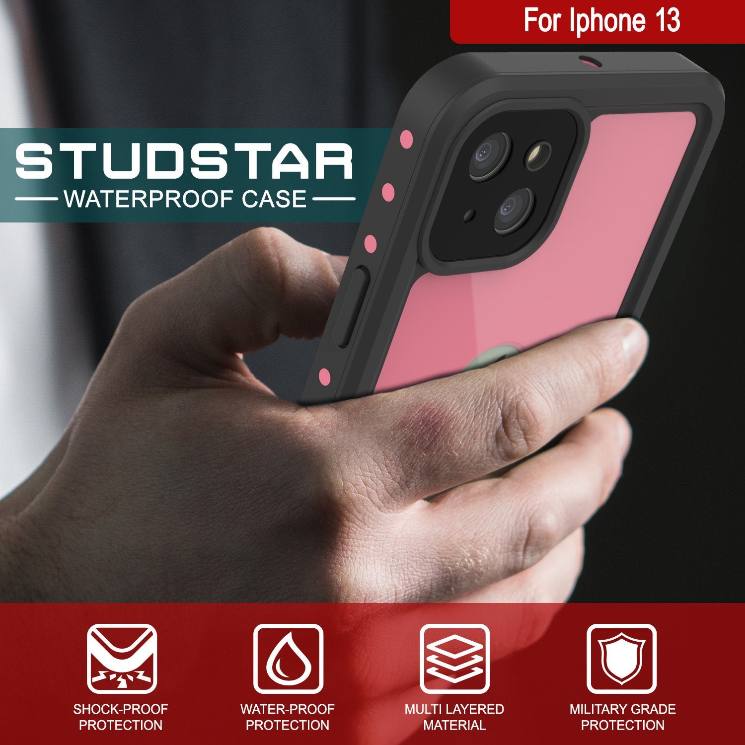 iPhone 13 Waterproof IP68 Case, Punkcase [Pink] [StudStar Series] [Slim Fit] [Dirtproof]