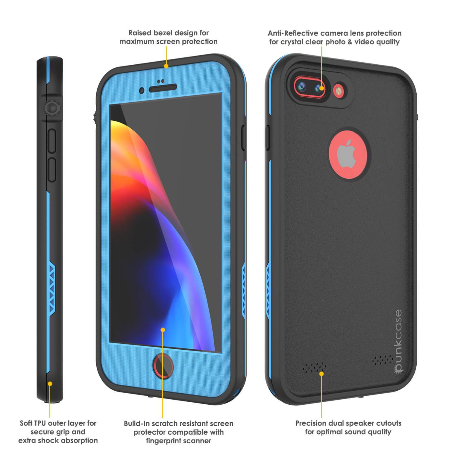 iPhone 7+ Plus Waterproof Case, Punkcase SpikeStar Light-Blue Series | Thin Fit 6.6ft Underwater IP68 (Color in image: red)