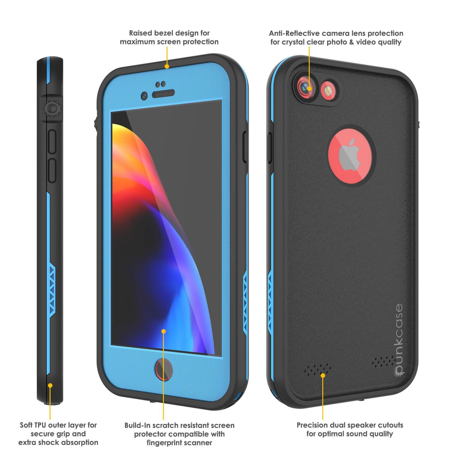iPhone 7 Waterproof Case, Punkcase SpikeStar Light-Blue Series | Thin Fit 6.6ft Underwater IP68 (Color in image: red)