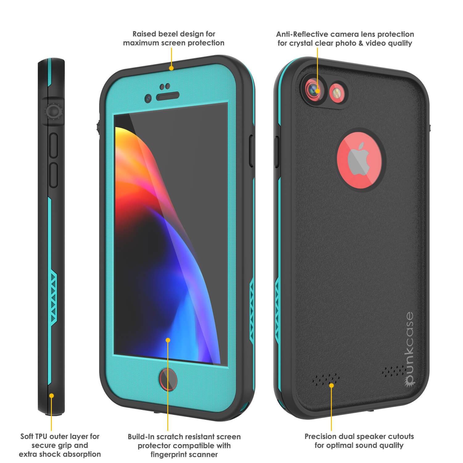 iPhone 8 Waterproof Case, Punkcase SpikeStar Teal Series | Thin Fit 6.6ft Underwater IP68 (Color in image: light blue)
