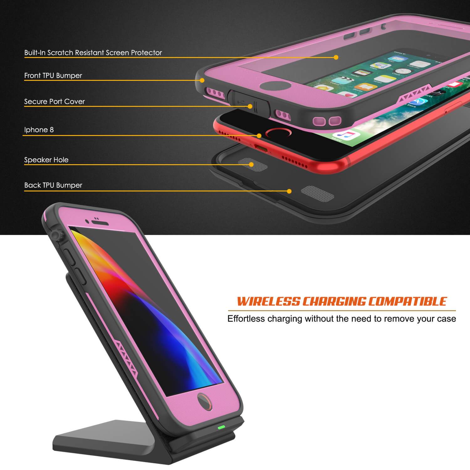 iPhone 8 Waterproof Case, Punkcase SpikeStar Pink Series | Thin Fit 6.6ft Underwater IP68 (Color in image: red)