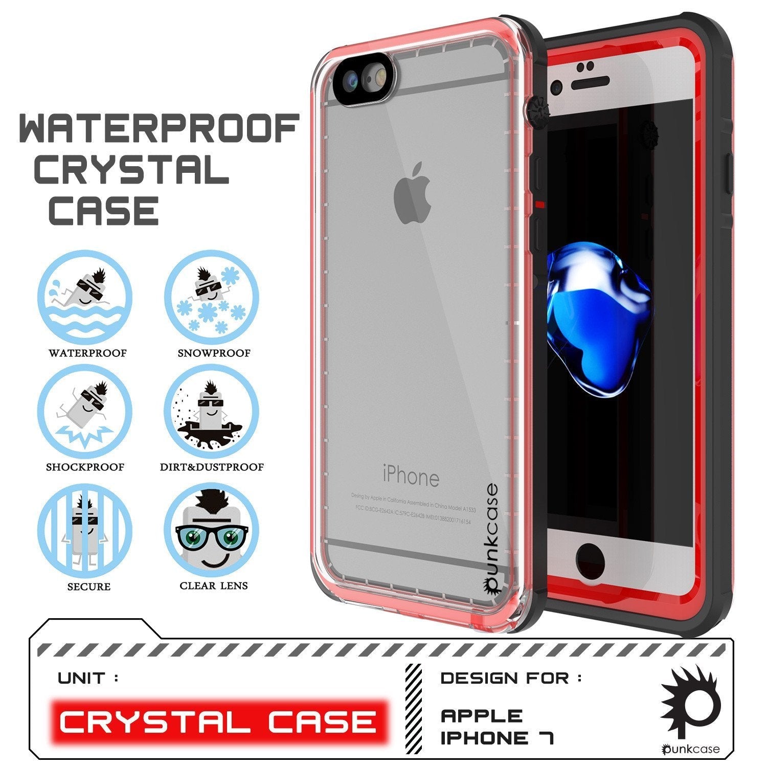 Apple iPhone 8 Waterproof Case, PUNKcase CRYSTAL Red W/ Attached Screen Protector  | Warranty (Color in image: Black)