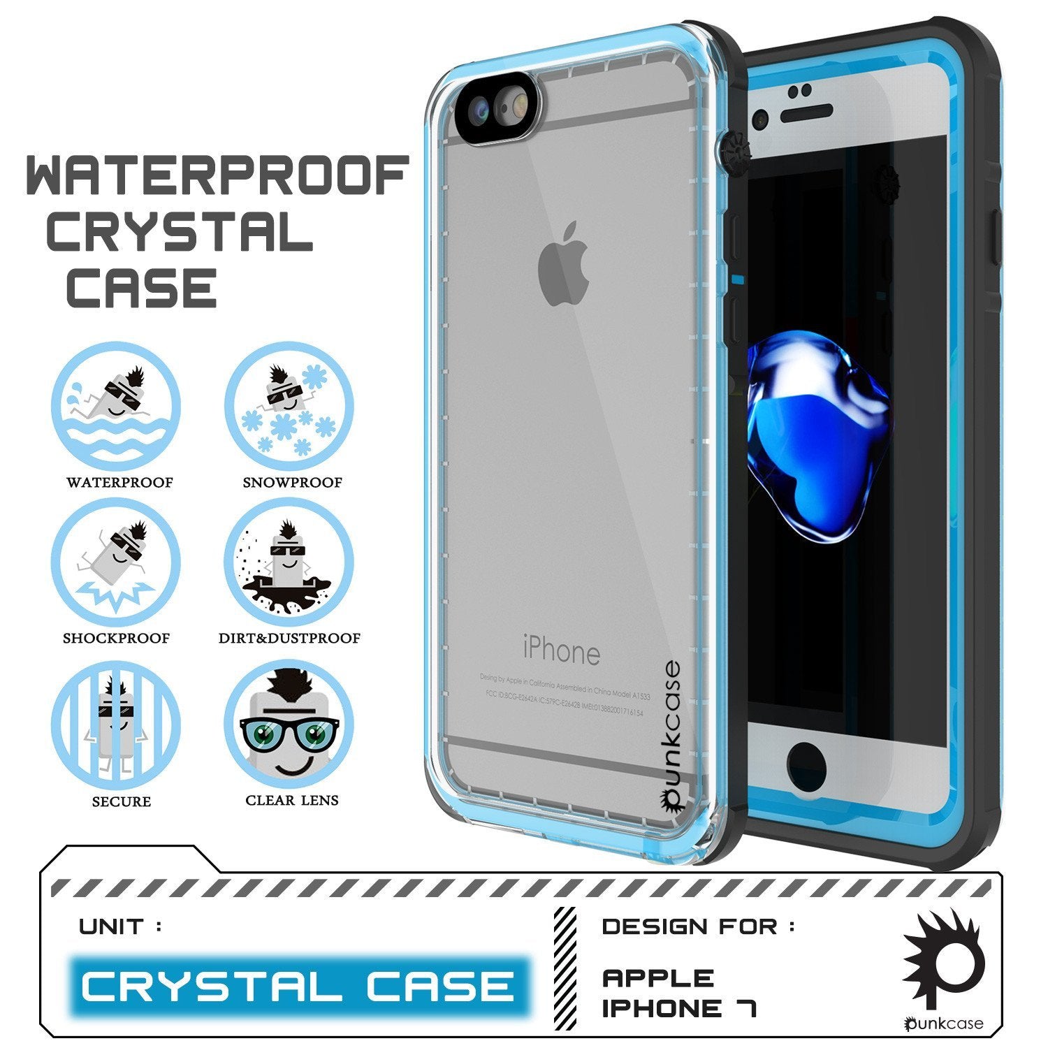 Apple iPhone 8 Waterproof Case, PUNKcase CRYSTAL Light Blue  W/ Attached Screen Protector  | Warranty (Color in image: Black)