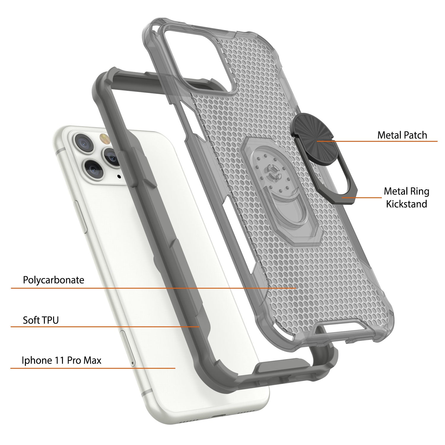 PunkCase for iPhone 11 Pro Max Case [Magnetix 2.0 Series] Clear Protective TPU Cover W/Kickstand [Grey]